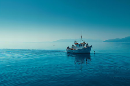 Fishing boat in the sea on a background of blue sky.