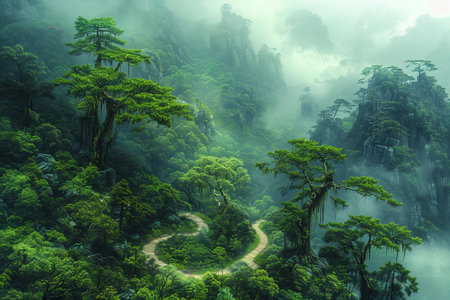 Landscape of pine trees and path in the deep misty forest