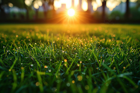 Morning dew on the green grass in the park at sunset.の写真素材
