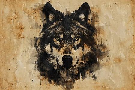 Portrait of a wolf on a grunge background. Hand-drawn illustration.