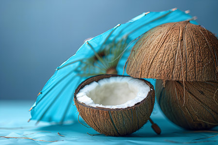 Coconut with umbrella on blue background. Close-up.