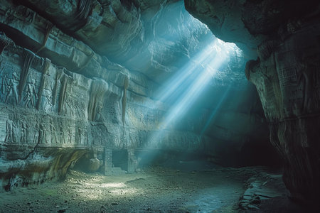 Interior view of a cave with light beam coming out of itの写真素材