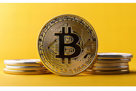 Bitcoin coin on a yellow background. Cryptocurrency. Digital currency.