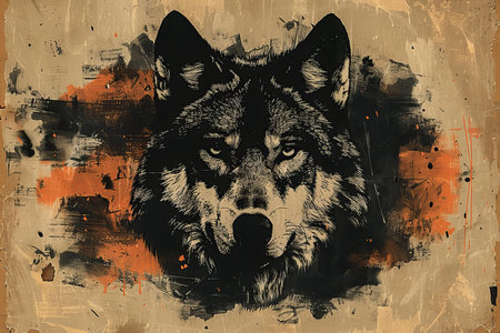 Wolf portrait on grunge background. Hand-drawn illustration. Toned.