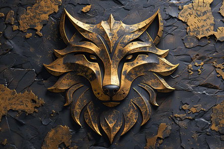 Illustration of a golden lion head on a textured background.の写真素材