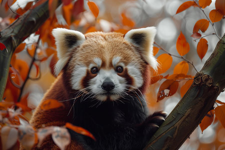 Red panda (Ailurus fulgens) in autumn forestの写真素材