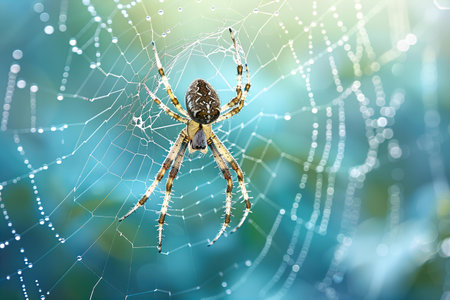 Spider on web with dew drops, closeup. Nature background