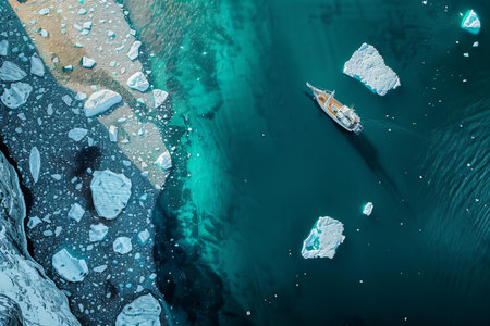 Aerial view of icebergs and boats in Glacier Lagoon, Iceland