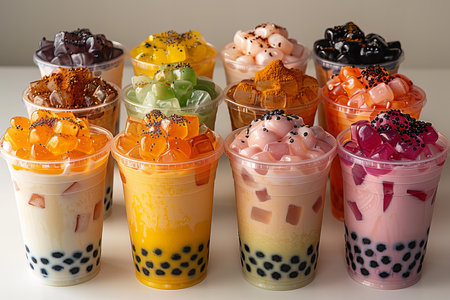 Iced Thai Milk Tea with Bubbles in Plastic Cups on White Backgroundの写真素材