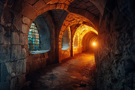 Old tunnel with arches at night in the old city of Jerusalem, Israel