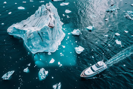 Icebergs and cruise ship in Glacier Lagoonの写真素材