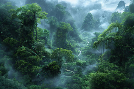 Beautiful landscape of the rainforest in the morning with mist and fog