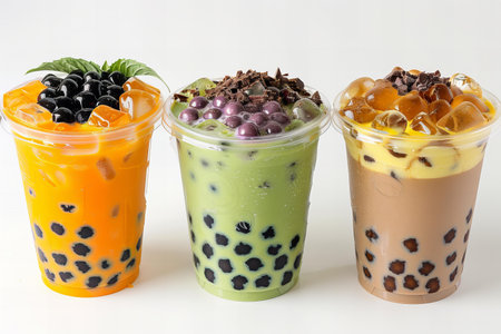 Iced Milk Tea with Bubbles in Plastic Cups on White Background