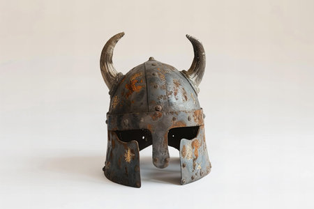 Iron helmet of a medieval warrior, isolated on a white background.の写真素材
