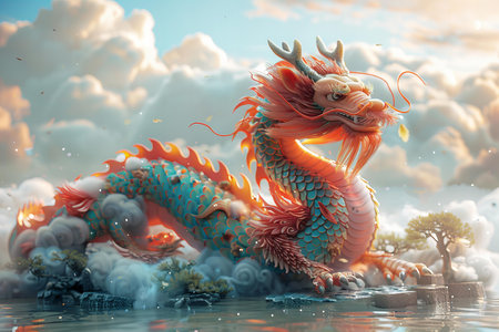 dragon in the sky, 3d render, asian art.の写真素材