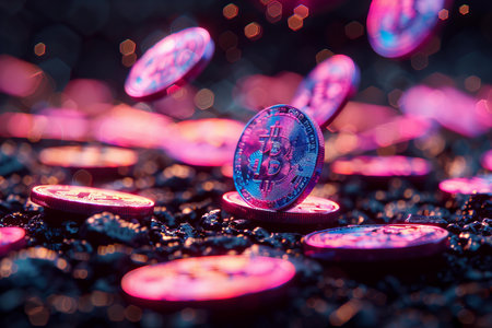 Bitcoins on the ground with bokeh background, cryptocurrency conceptの写真素材