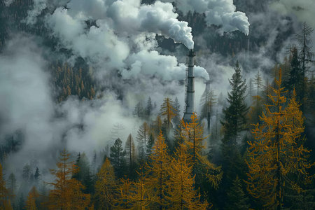 Foggy forest with smoke in the mountainsの写真素材