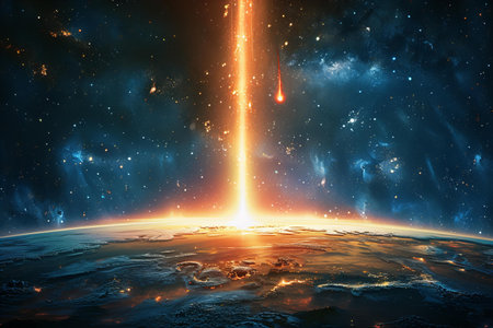 Cosmic space scene with planets and stars.