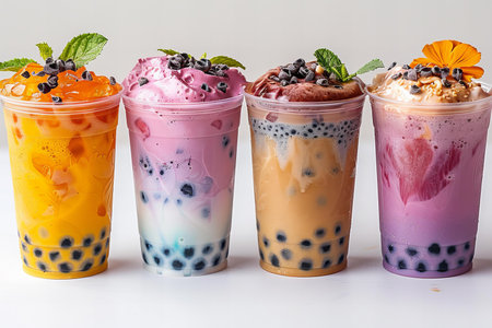Iced Milk Tea with Bubbles in Plastic Glasses on White Background