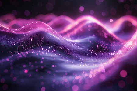 3d rendering particles wave flow with bokeh light on dark background