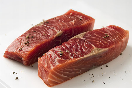 Slices of raw fish on a white plate with spices