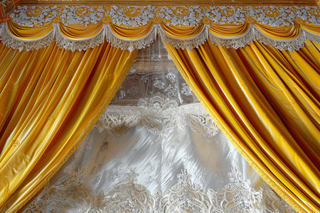 The interior of the theater with yellow curtains and white curtains. Close-upの写真素材