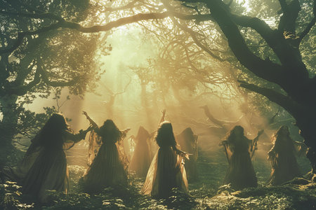 Beautiful women in the forest in the rays of the setting sun