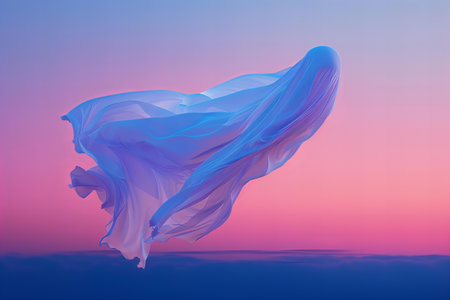 Smooth elegant transparent cloth flying in the wind on sunset sky background