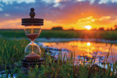 Hourglass on green grass in the field with sunset sky background.