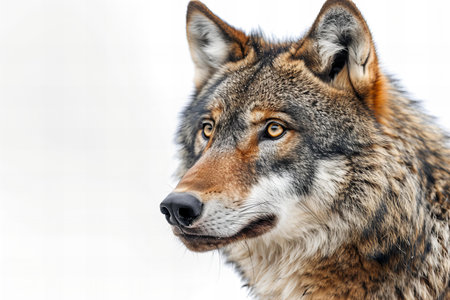 Close-up portrait of a wolf in profile on a white background