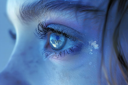 Close-up image of a beautiful female eye with blue makeup.