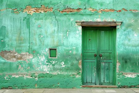 Green wooden door in the old wall of an abandoned house with green paintの写真素材