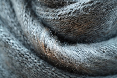 Close up of woolen gray scarf, macro photo of woolen fabric