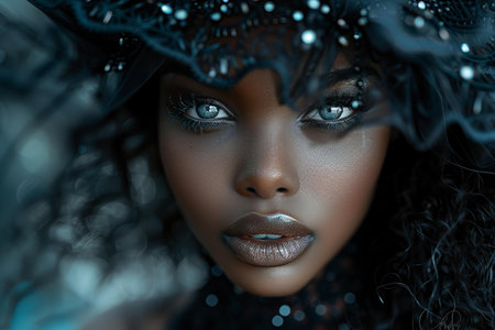 Beautiful african american woman in black hat. 3d renderingの写真素材
