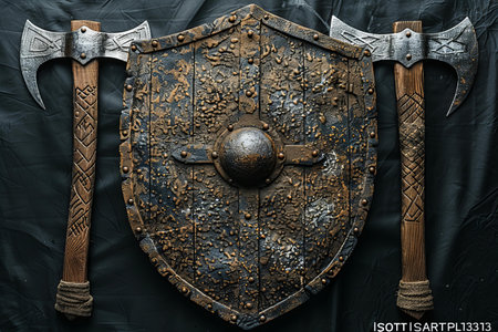 Medieval shield with two axes on a dark background. Close-up.の写真素材