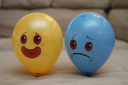 Two blue and yellow balloons with sad faces on the sofa in the living roomの写真素材