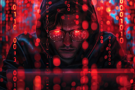 Hacker in hoodie and glasses using laptop with binary code. Cybercrime concept.の写真素材