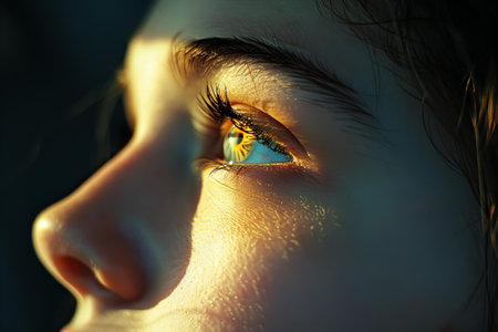 Close-up portrait of a beautiful girl with long eyelashes.