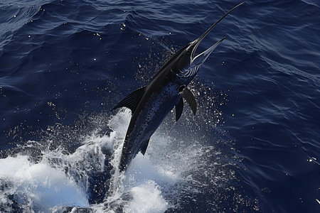 Marlin fish jumping out of the sea. 3D rendering.の写真素材