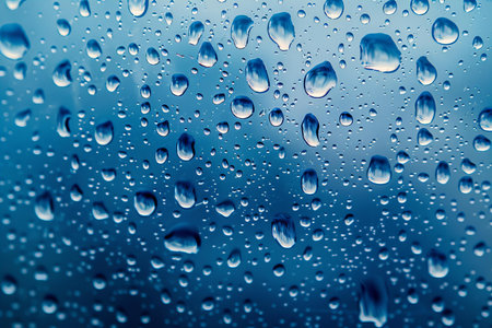 Water drops on blue background. Raindrops on the window. Close-up.