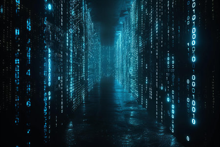 Digital data flow in futuristic server room. Network concept. 3D Rendering