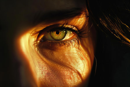 Close-up shot of a woman's eye in the dark.の写真素材