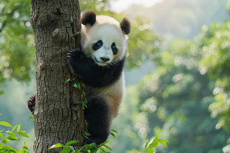 Giant panda bear (Ailuropoda melanoleuca) sitting on a treeの写真素材
