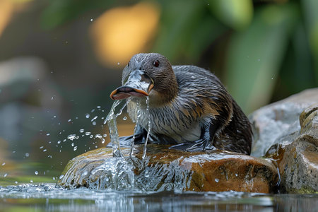 Duck drinking water from a fountain.の写真素材