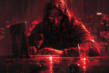 Hacker with a computer and a glass of wine. Cybercrime concept.