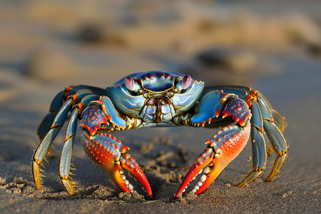 Blue crab on the beach at sunset, Galapagos Islands, Ecuador