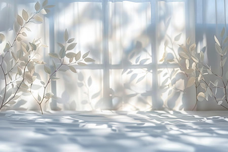 white room with window and white leaves background, 3d render.