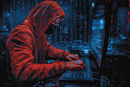 Hacker in a red hoodie and mask stealing information from a computer monitor