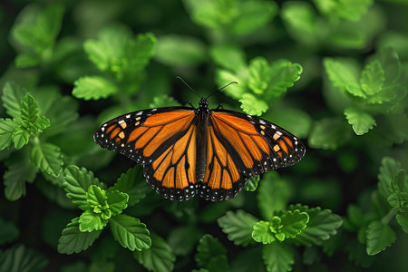 Beautiful monarch butterfly on green leaf background, nature and ecology concept