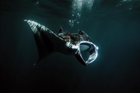 Manta Ray in the deep blue ocean. Underwater photography.の写真素材